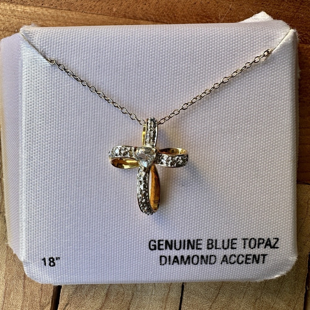 Ross Simons Pendant Necklace 18 Inch Cross Topaz Diamond 18K 925 Sterling 2.2g